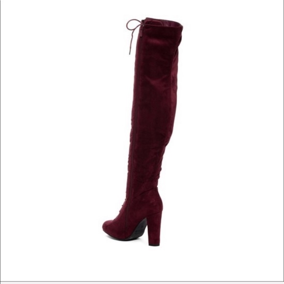 Wine Corset Lace Up Over The Knee Block Heel Boots - Picture 2 of 2
